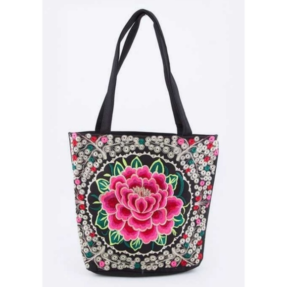 Tibetan Embroidered Flower Tote - Picture 2 of 5